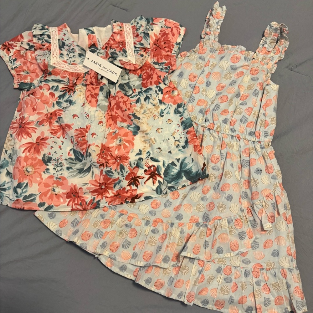 Janie and Jack Coral Floral Top & Light Blue Shell-Print Dress Set